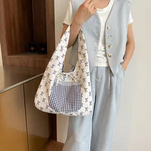 Korean Sweet Reversible Floral Gingham Tote Bag Large Capacity Nylon Shoulder Bag With Bowtie Lace Pocket For Casual Travel