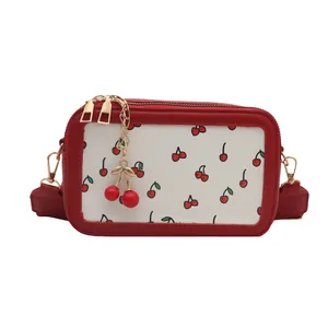 Bolso de hombro cuadrado rojo y blanco con lindo estampado de cerezas y cremalleras doradas