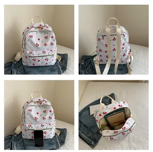 Collage of cherry print nylon backpack showing front, back straps and interior storage capacity