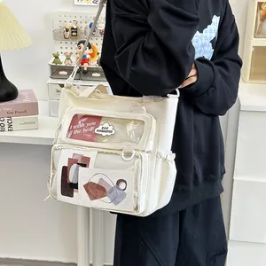 Japanese style white tote bag with transparent display pocket and adjustable shoulder strap
