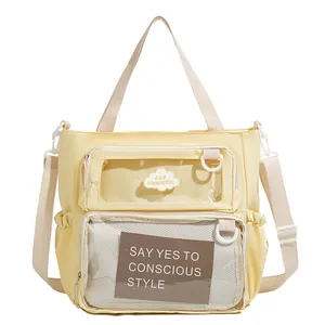 Minimalist light yellow Japanese style canvas crossbody bag with transparent display window