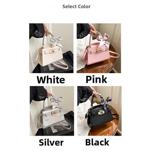 Chic croc-embossed mini handbags in white, pink, silver, and black with silk scarves