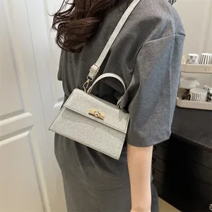 Sparkling silver square handbag with gold rotating clasp and adjustable shoulder strap