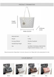 Size chart showing tote bag dimensions 28.5cm width and 24.5cm height with PU material details
