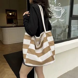Large khaki striped canvas tote bag for women, stylish oversized shoulder handbag