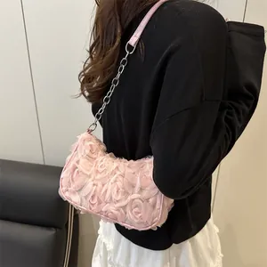 Sac à bandoulière rose romantique avec fleurs 3D en maille et chaîne pour femmes