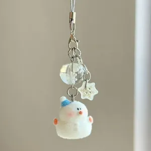 Pendentif de téléphone bonhomme de neige hivernal avec perle en peluche et fermoir argenté