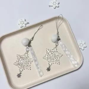 Elegant Snowflake Phone Charm With Acrylic Pendant White Plush Ball Ribbon Bow Alloy Charm Winter Keychain Bag Hanging Accessory