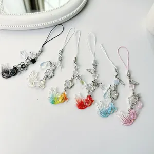 Lucky Koi Fish Phone Chain Star Beaded Bag Charm Fresh Sweet Resin Fish Keychain For Women Car Interior Pendant Accessory