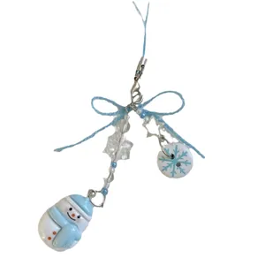 Winter snowman and snowflake beaded phone strap with blue bow and star charm