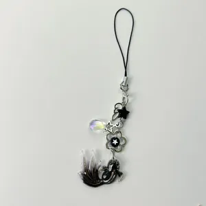 Japanese style star and black koi fish beaded phone charm with silver pendants