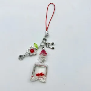 Handmade red goldfish water bag charm with crystal beads for phones and cameras