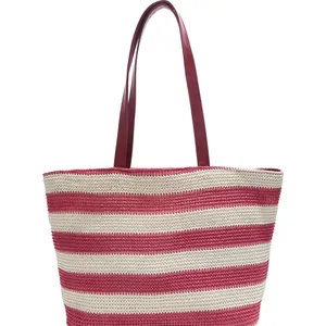 Large woven tote bag with red and white horizontal stripes and leather handles