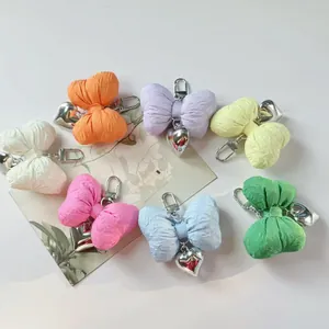 Sweet Pleated Fabric Bow Keychain With Metal Heart Pendant Handmade Ribbon Bag Charm For Women Girls Gift Key Accessory