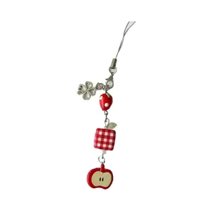 Cute fruit beaded phone charm with red strawberry apple and clover pendant on silver chain