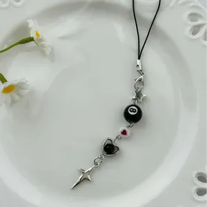 Y2K Black Billiards Ball Heart Beaded Mobile Phone Charm Alloy Star Pendant Keychain Trendy Bag Decoration Lanyard For Unisex