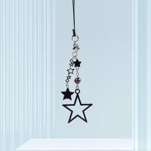Charm per Cellulare in Lega a Forma di Stella con Perline Stile Sweet Cool Catena per Telefono a Pentagramma Nero Argento Ciondolo per Borsa Gioielli da Donna