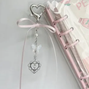 Süße Rosa Satinband Schleife Herz Künstliche Perlen Handy Kette Legierung Künstliche Perle Schmetterling Anhänger Tasche Charme Für Damen Zubehör