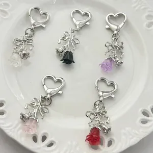 Sweet Bow Rose Flower Keychain For Women Alloy Resin Heart Clasp Bag Charm Rhinestone Floral Pendant Jewelry Accessory Gift