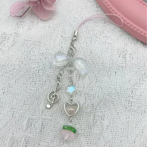 Iridescent Beaded Phone Charm Strap With Treble Clef Music Note Pink Bow Heart Resin Star Beads Alloy Bag Keychain For Women