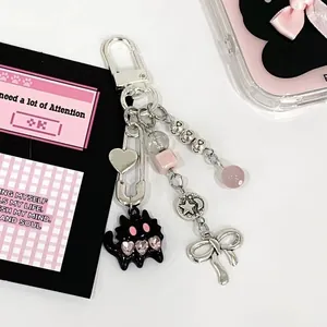 Y2K Sweet Cool Black Cat Keychain With Star Moon Charm Beaded Bag Pendant Alloy Bowknot Heart Safety Pin Keyring For Women