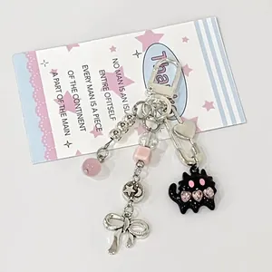 Y2K cute black cat keychain with pink hearts and silver beads for bags and phones