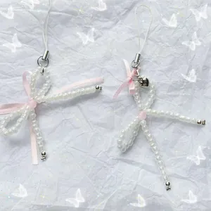 Handmade Beaded Artificial Pearl Bow Phone Charm With Pink Satin Ribbon Alloy Heart Pendant Balletcore Phone Case Strap For Women