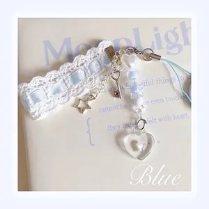 Bijou de Téléphone Perlé Cœur Nœud Bleu Doux Lolita Y2K Porte-Clés en Dentelle Fait Main pour Sac Accessoire Femme