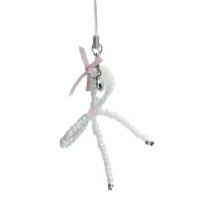Handmade ballet style white beaded bow phone charm with pink ribbon and silver heart