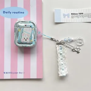 Étui pour écouteurs argenté style Lolita avec imprimé chien et ruban en dentelle