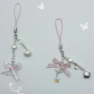 Sweet Butterfly Bow Beaded Phone Chain For Women Acrylic Faux Artificial Pearl Heart Shell Star Mobile Phone Lanyard Strap Decoration