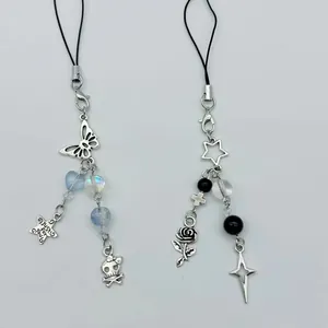 Y2K Gothic Star Beaded Phone Chain Alloy Butterfly Skull Cross Pendant Phone Charm For Women Girl Gift Accessory