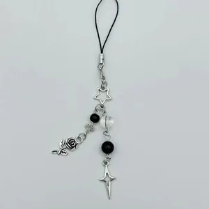 Y2K gothic phone strap with silver hollow stars, black beads, and metal rose charm