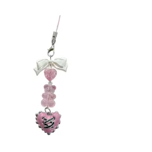Pink and white handmade bear heart beaded phone charm with silver metal clasp