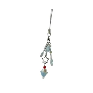 Sweet ice cream theme phone charm with silver fork, star and blue floral beads