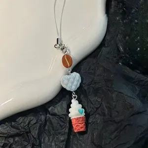 Simpatica Catena per Cellulare con Chicchi di Caffè Cialda Gelato e Cuore Ciondolo per Borsa per Donna Ragazza Portachiavi Decorativo