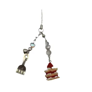 Beaded strawberry cake and silver fork charm keychain for phone and bag decoration