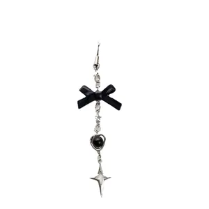 Porte-clés nœud noir avec pendentif étoile argentée pour sacs et étuis d'écouteurs