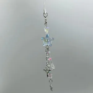 Iridescent star keychain with winged heart and beads for phone and bag decoration