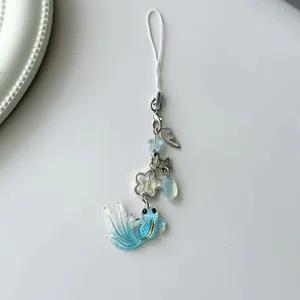 Handmade koi fish star wing pendant beaded phone charm with blue gradient fish and silver wing