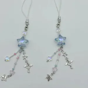 Iridescent blue star phone charms with beads, heart key pendant and metal star charms