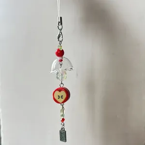 Handmade cute red apple beaded phone strap with clear glass bell and handmade metal tag