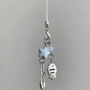 Cartoon fish beaded phone strap with star charm and silver pin for bag decoration
