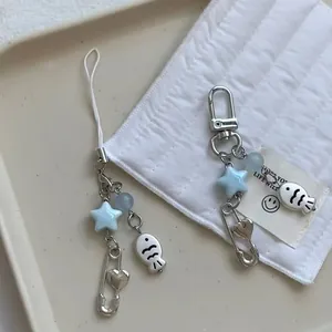 Cute blue beaded fish phone charm set with silver heart pins for bag decorations