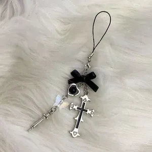 Y2K Gothic Aesthetic Phone Charm Alloy Cross Butterfly Heart Pendant Keychain With Black Satin Bow Syringe Design Bag Clasp Jewelry