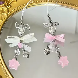 Sweet Girly Satin Bowknot Star Angel Wings Phone Charm Handmade Beaded Keychain For Camera Bag Decor Women Jewelry Gift