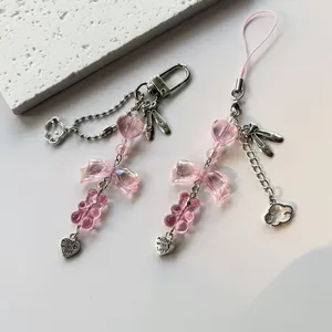 Cute Pink Beaded Phone Charm Bow Heart Bear Acrylic Beads Keychain For Women Bag Pendant Accessory Sweet Jewelry Gift