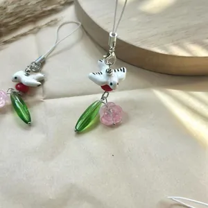 Kawaii Ceramic Bird Flower Phone Charm Strap Resin Leaf Floral Phone Lanyard Bag Pendant Handmade Accessory For Women Girls