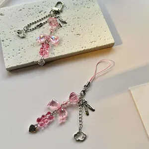 Pink ribbon beaded phone charm and keychain with silver cloud and heart charms