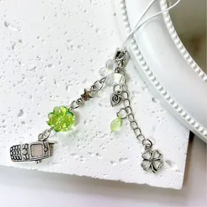 Y2K Lucky Clover Beaded Phone Chain Retro Flip Phone Heart Star Resin Pendant Silver Alloy Keychain For Women Girl Gift